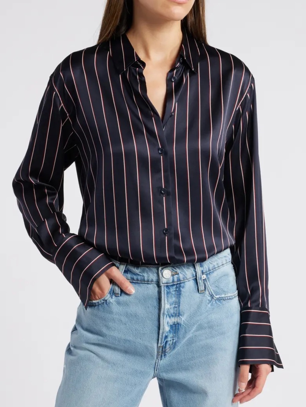 FRAME The Standard Stripe Stretch Silk Button-Up Striped Black Red White Shirt S